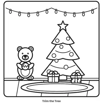Inside Cozy Little Christmas: a bear trimming the Christmas tree coloring page